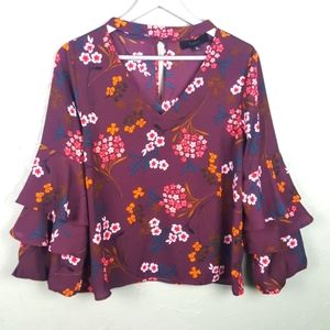 LIPSLIDE Purple Floral Blouse Tiered Sleeve V-Neck